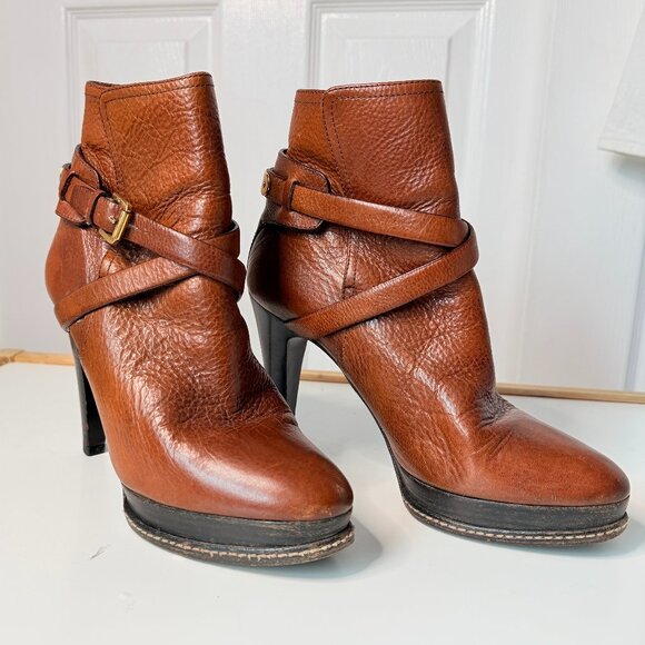Purple Label Ralph Lauren Almond Toe Stiletto Platform Leather Shoes 7.5 Brown - Picture 1 of 8